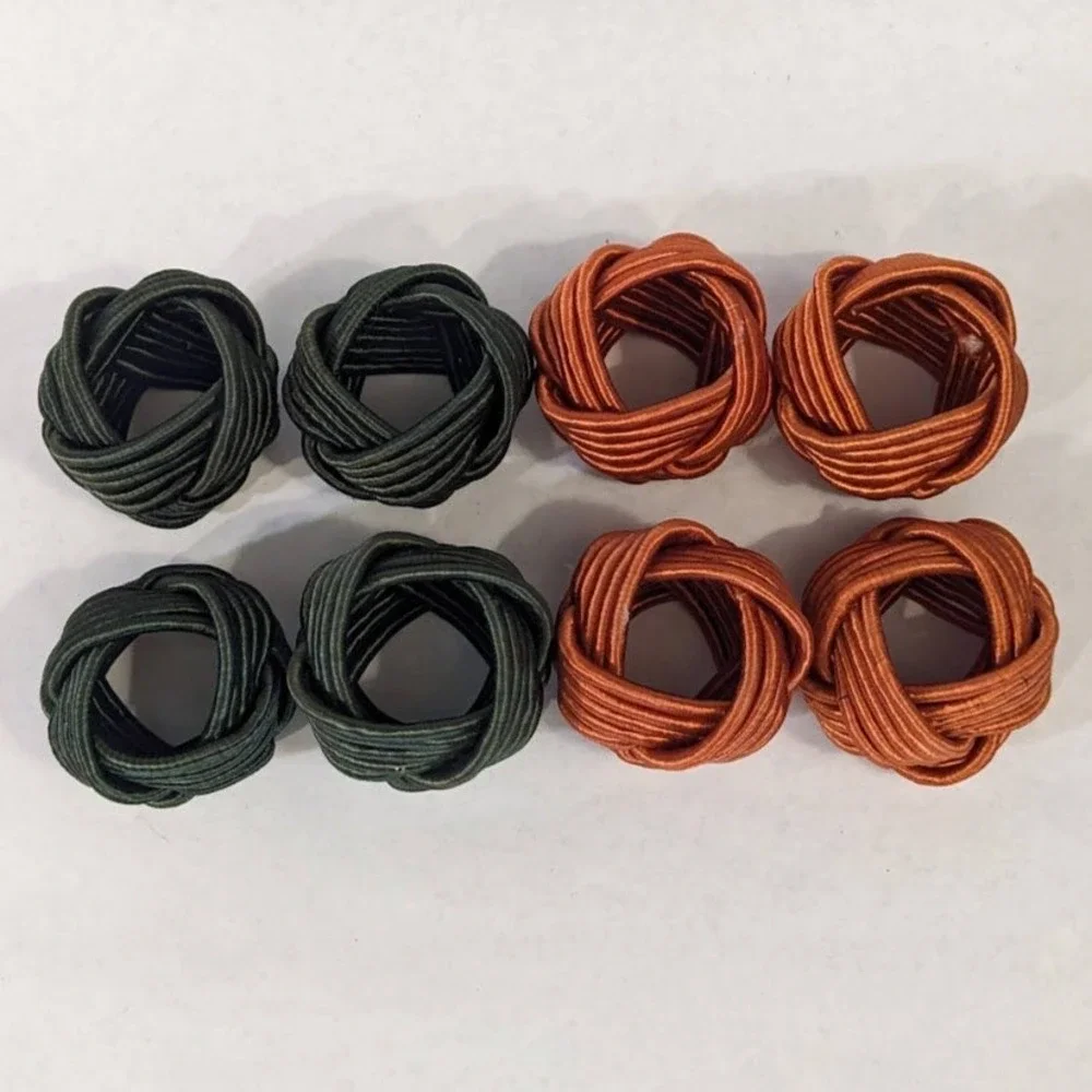 8pc Williams Sonoma Woven Knot Napkin Rings Green Orange Satin Cord Turk's Head